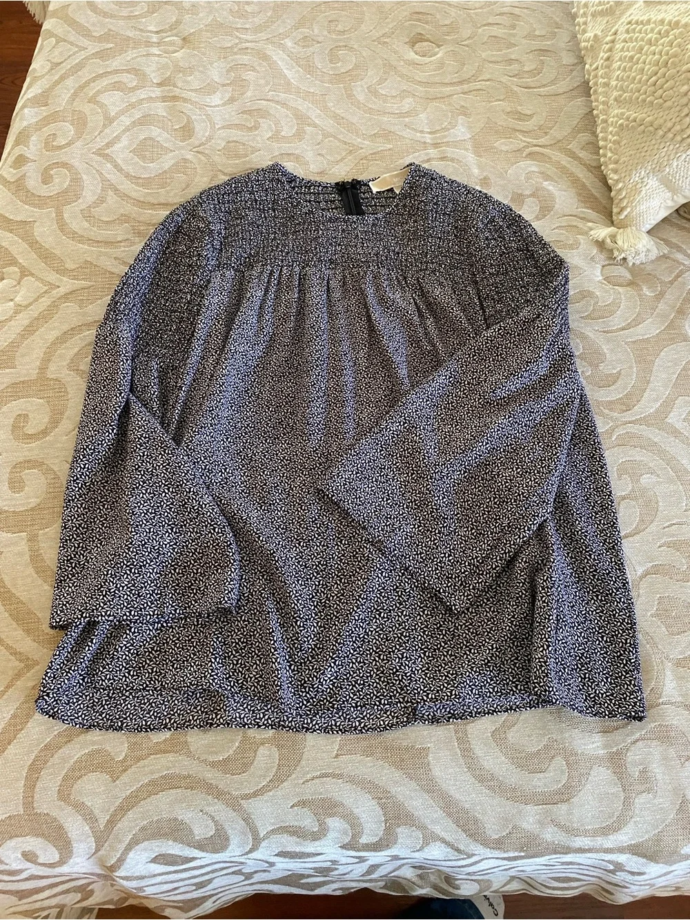Michael Kors Black White Smocked Tunic Blouse Size S